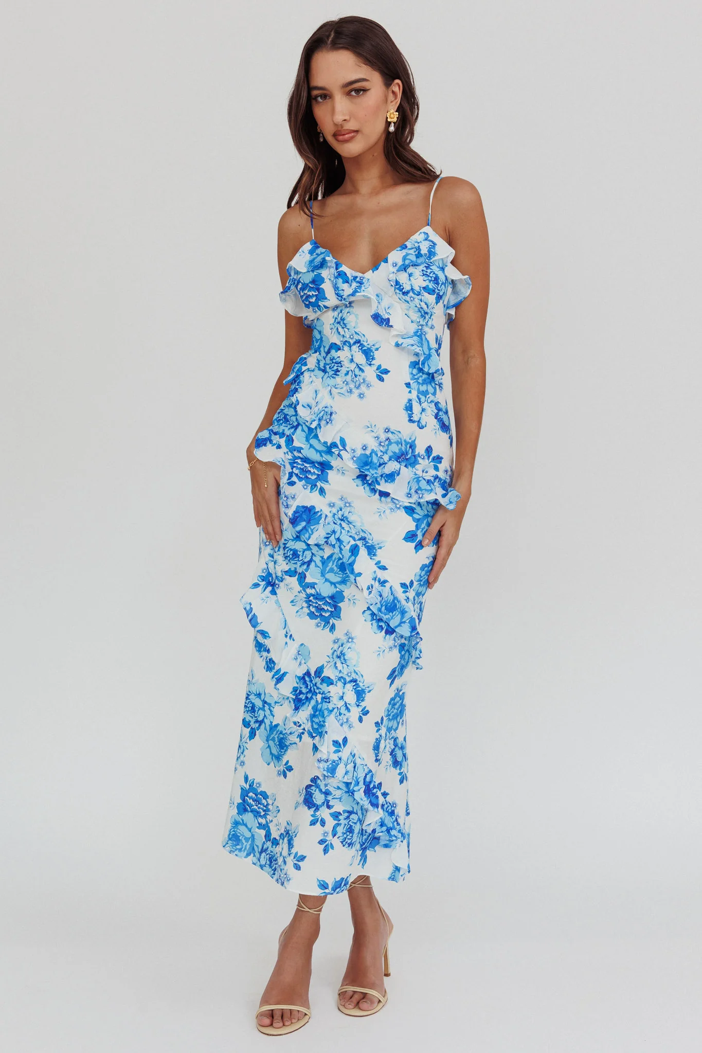 Silvana Frill Trim Maxi Dress Floral Blue - Sonourner