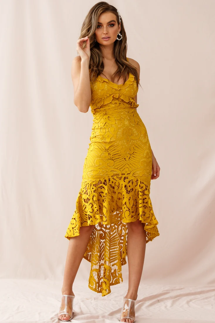 Shakeera High-Low Hem Lace Dress Mustard - Sonourner