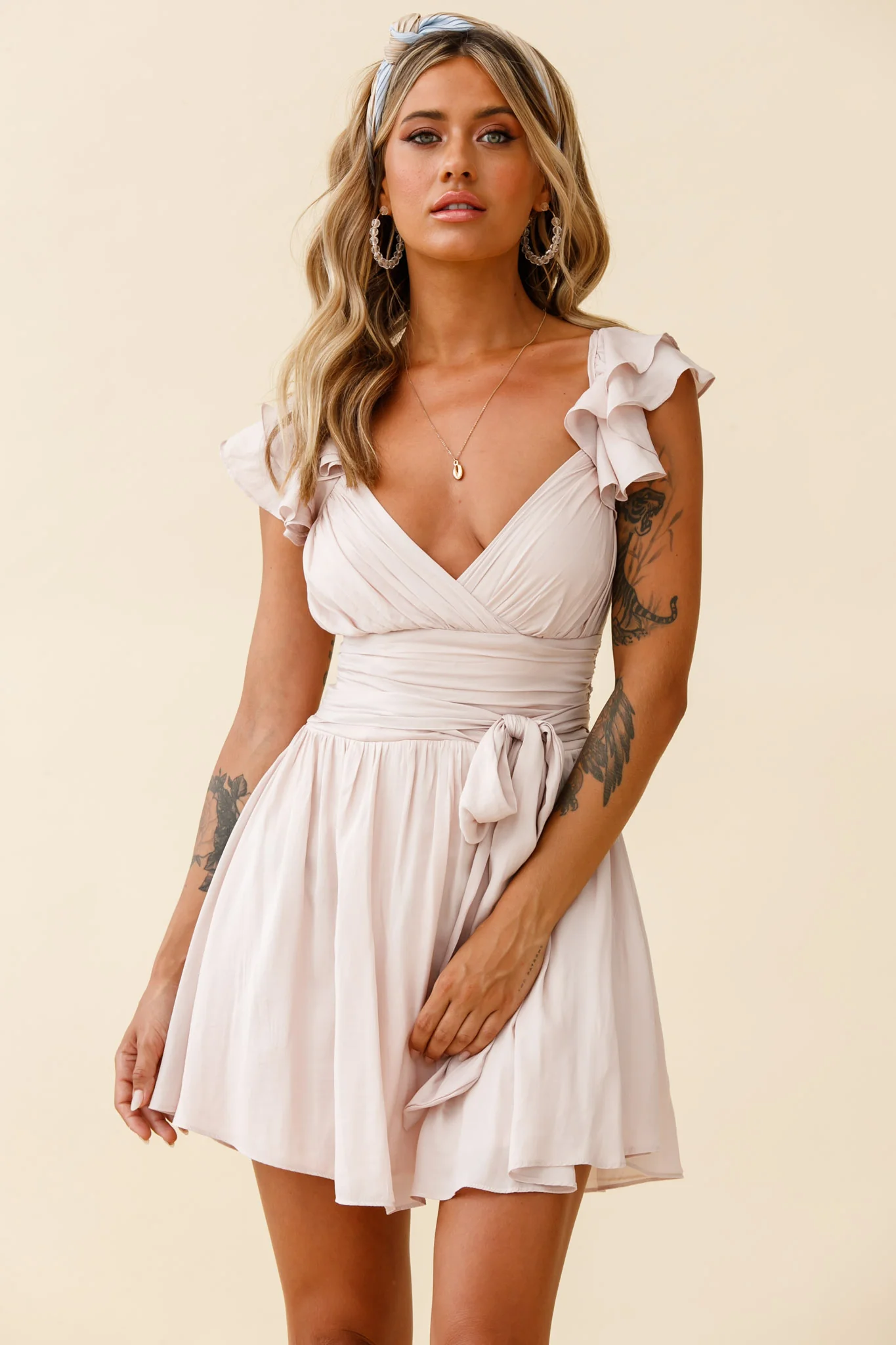 Lola Ruffle Shoulder Ruched Dress Nude - Sonourner