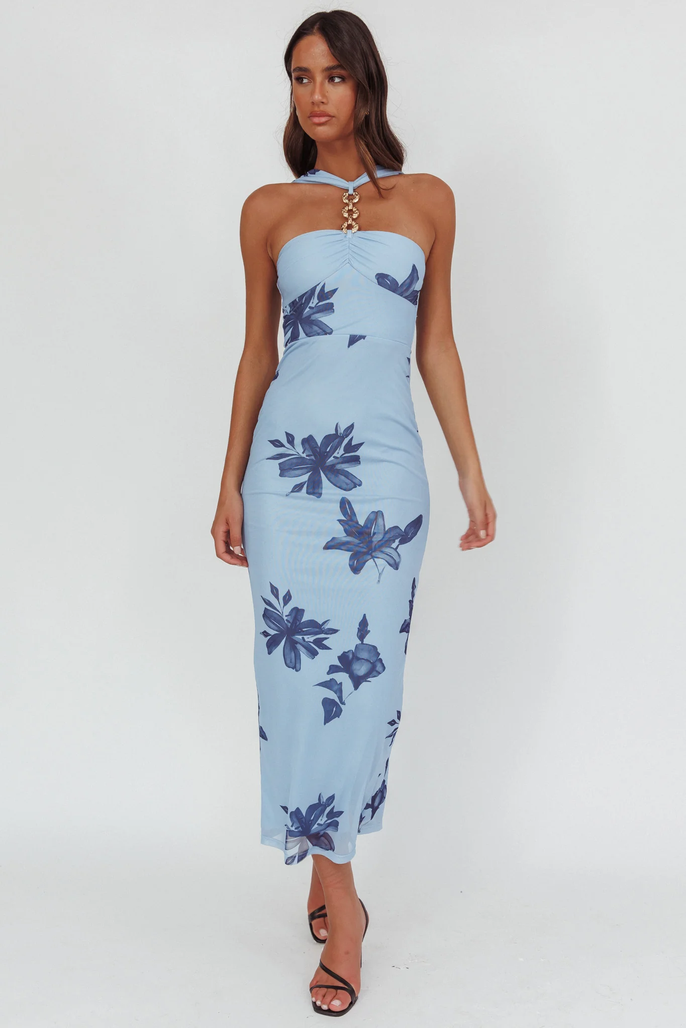 Maretha Gold Link Neckline Maxi Dress Lily Blue - Sonourner