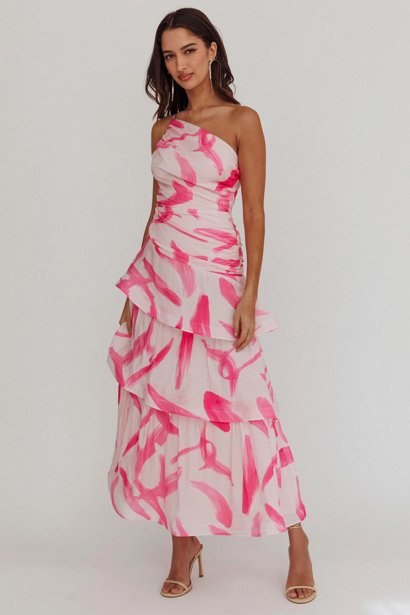 Kenny One Shoulder Tiered Maxi Dress Print Pink - Sonourner
