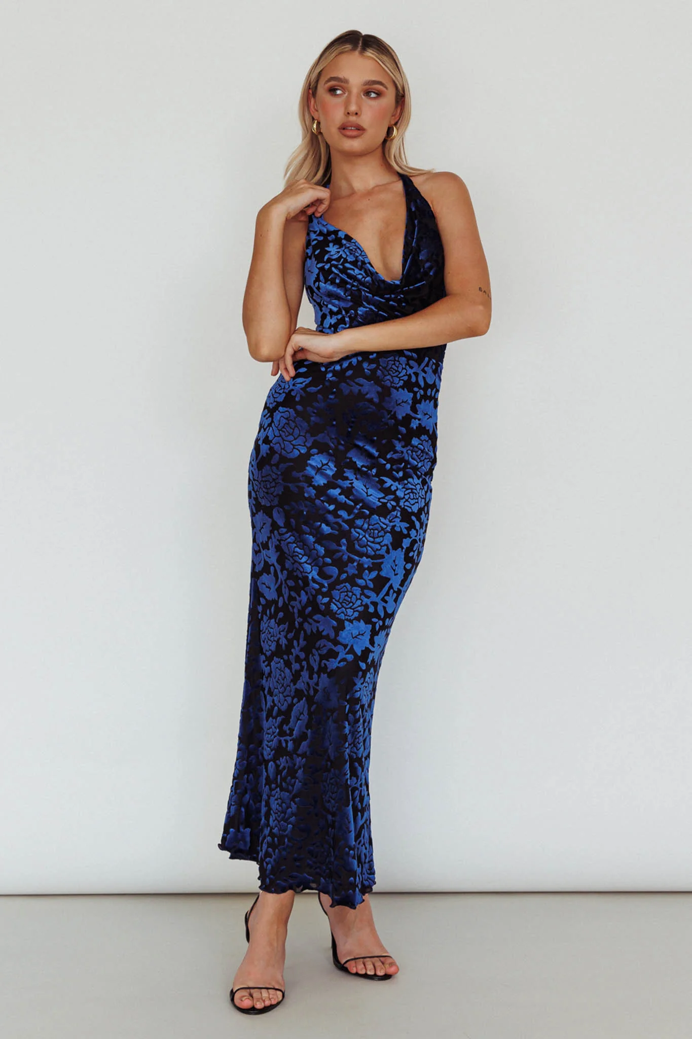 Byzantine Cowl Halterneck Midi Dress Floral Midnight Blue - Sonourner