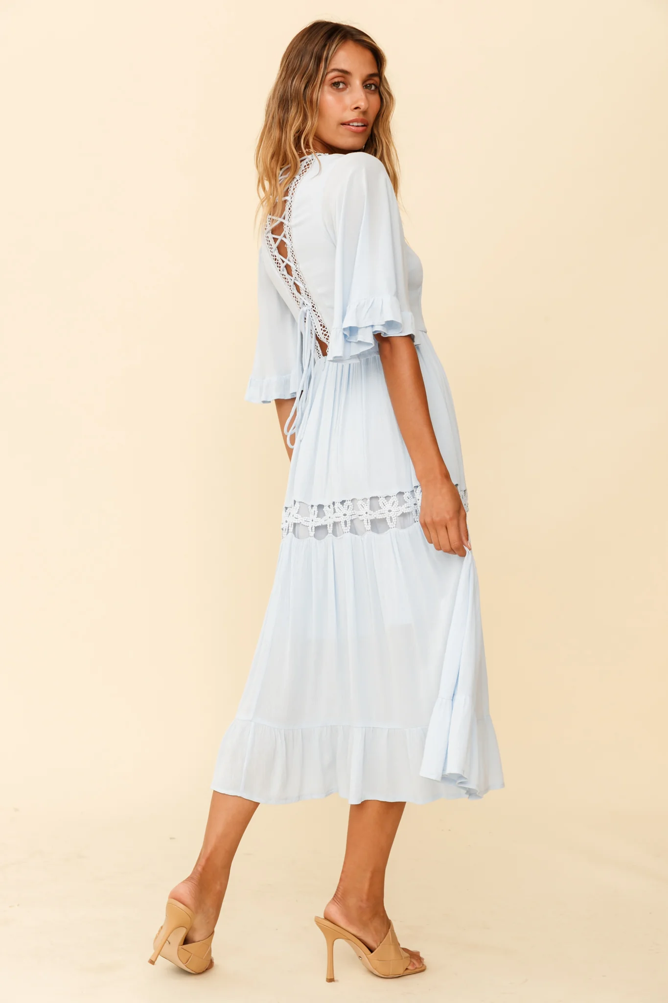 Feeling Groovy Bell Sleeve Crochet Trim Maxi Dress Ice Blue - Sonourner