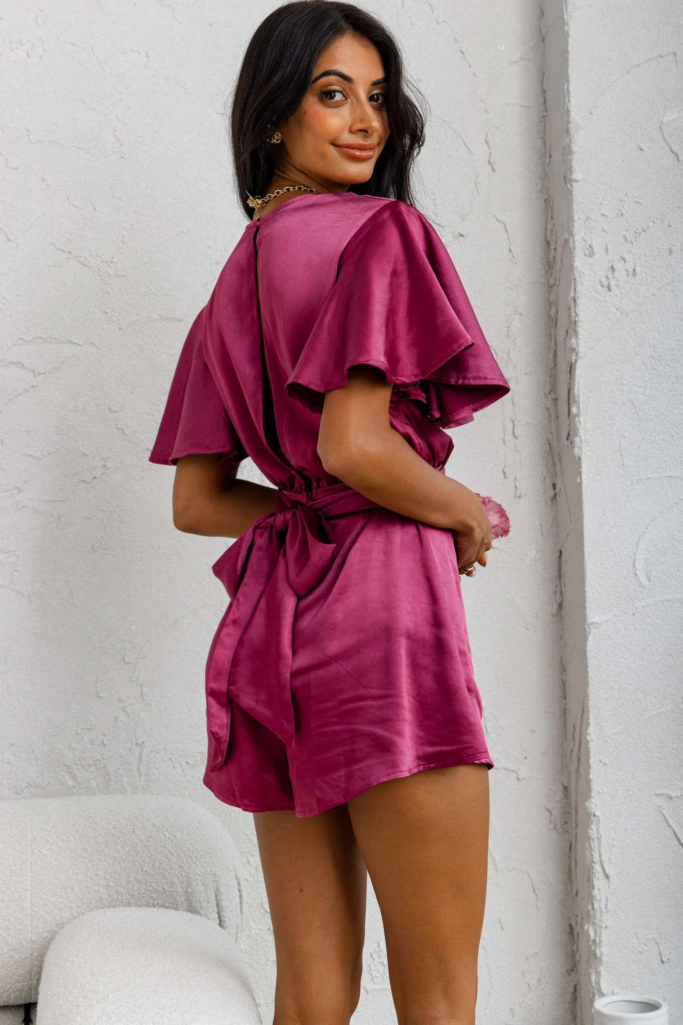 Unconditional Plunging Wrap Style Romper Fuchsia - Sonourner