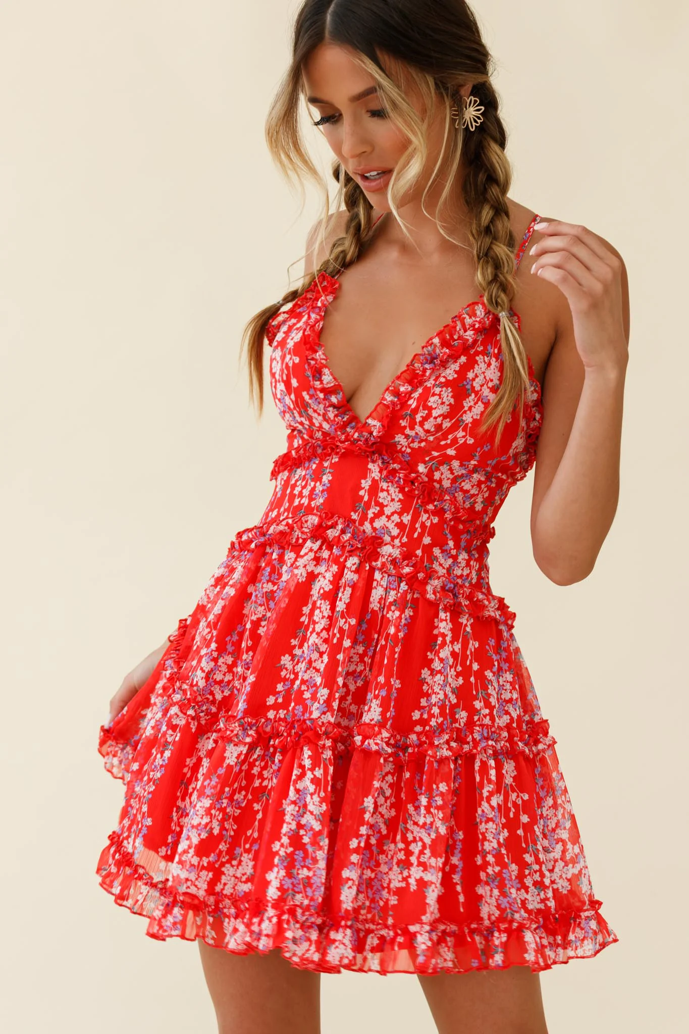 Laney Low Back Cami Strap Dress Floral Vine Print Red - Sonourner
