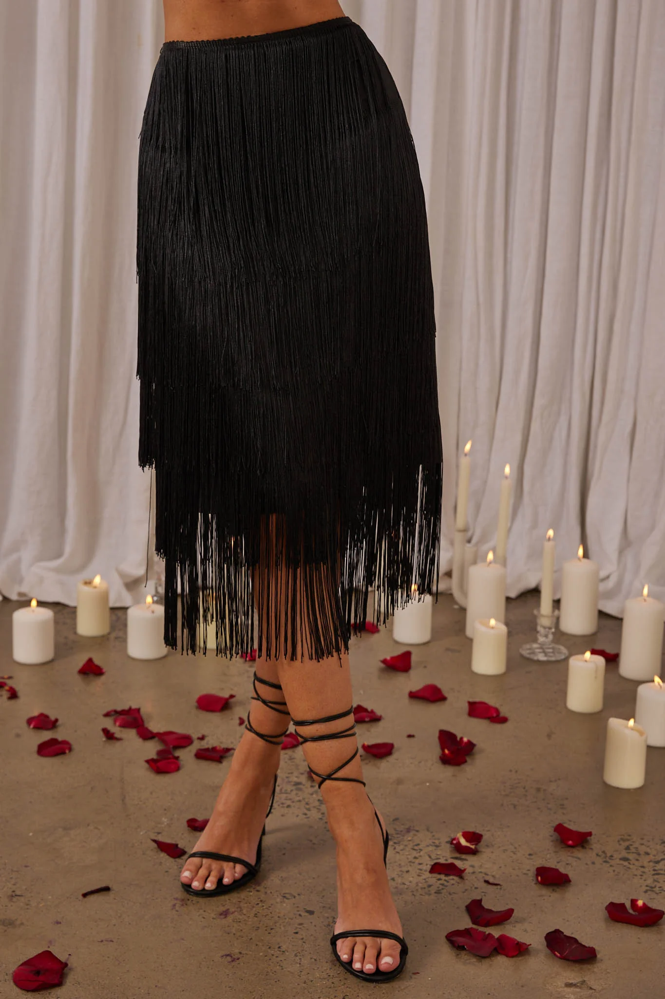 Golden Nights Tiered Fringe Midi Skirt Black - Sonourner