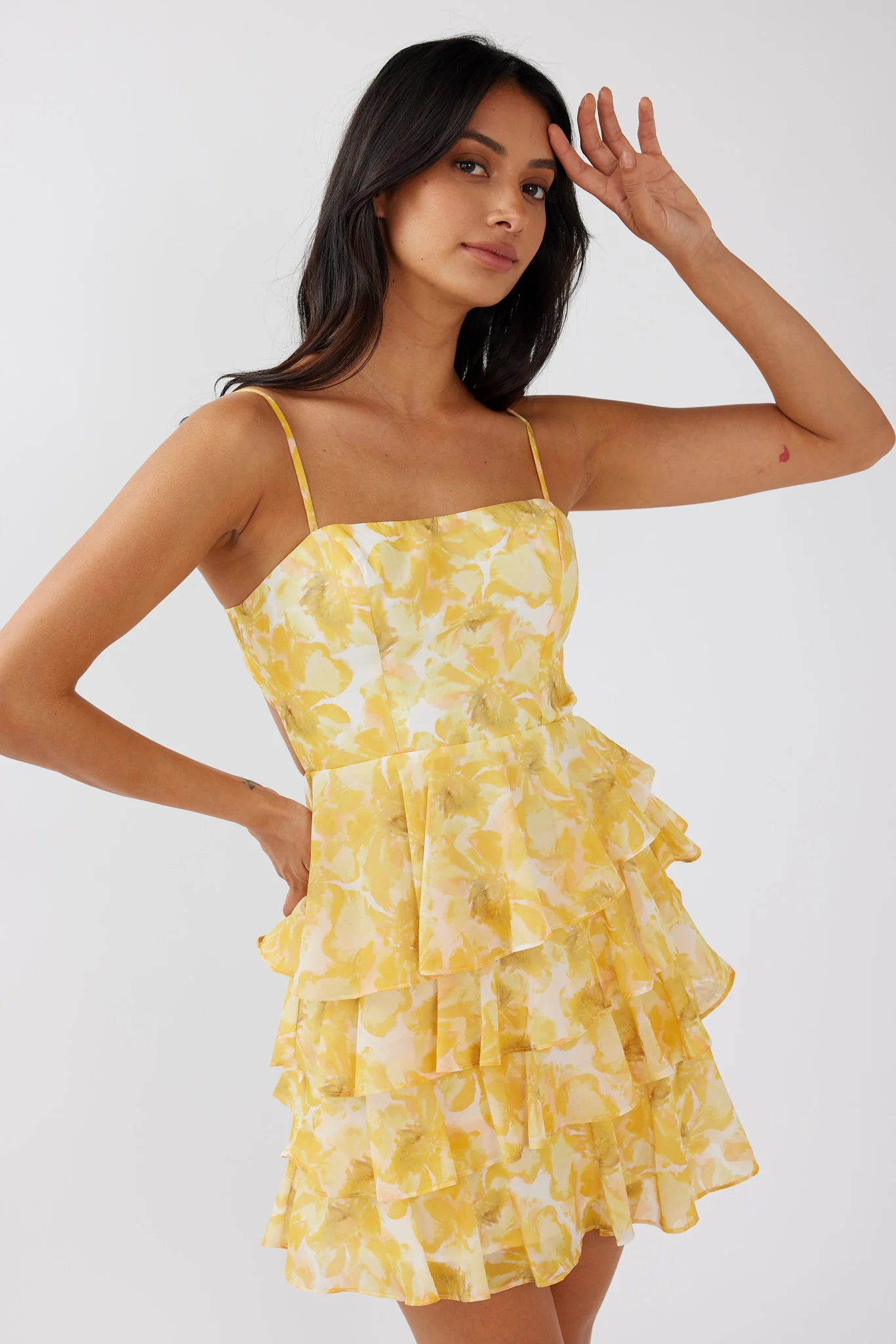 Lauran Tied Back Frill Dress Floral Yellow - Sonourner