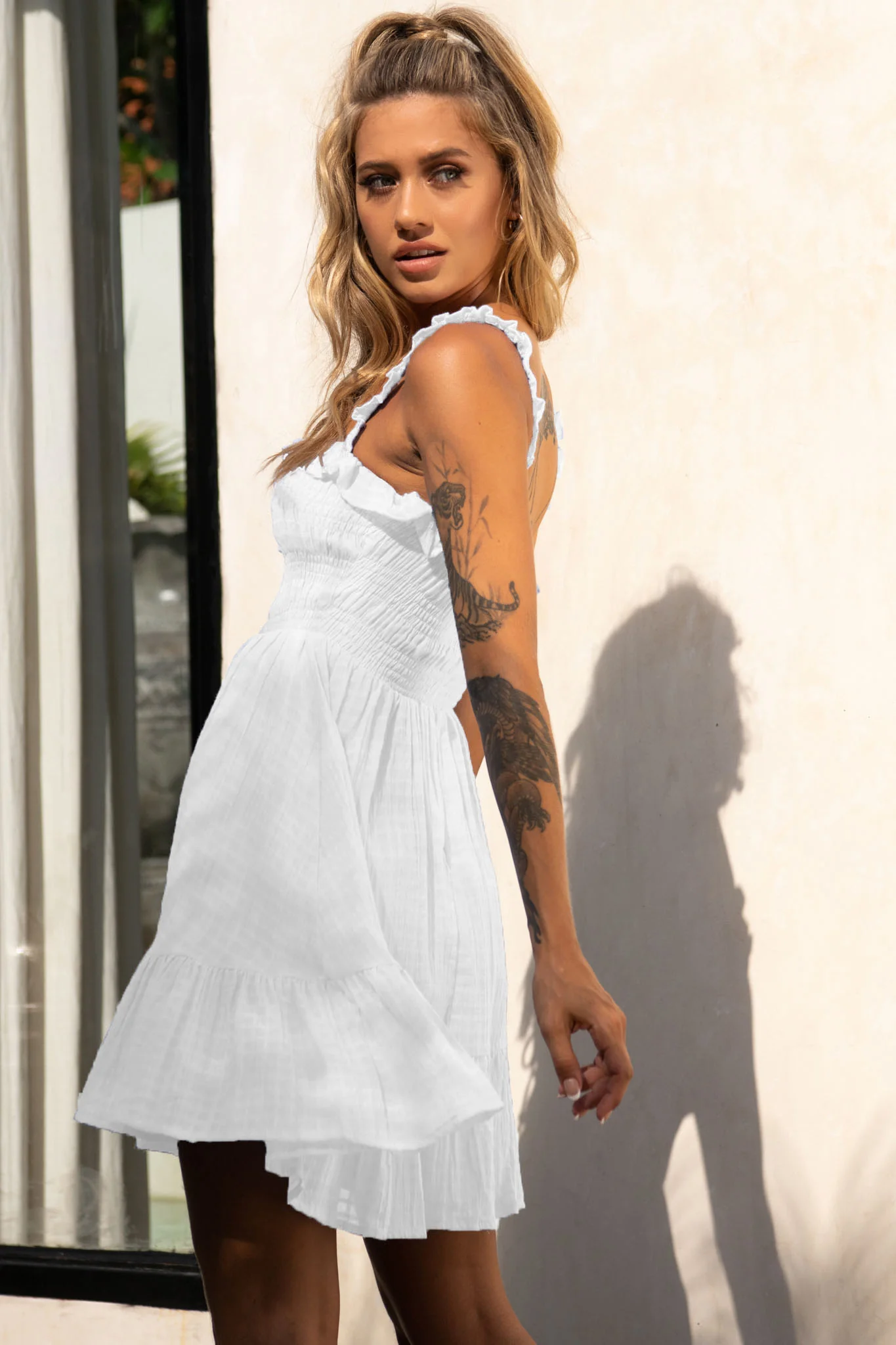 Flynn Frill Strap Shirred Bust Dress White - Sonourner