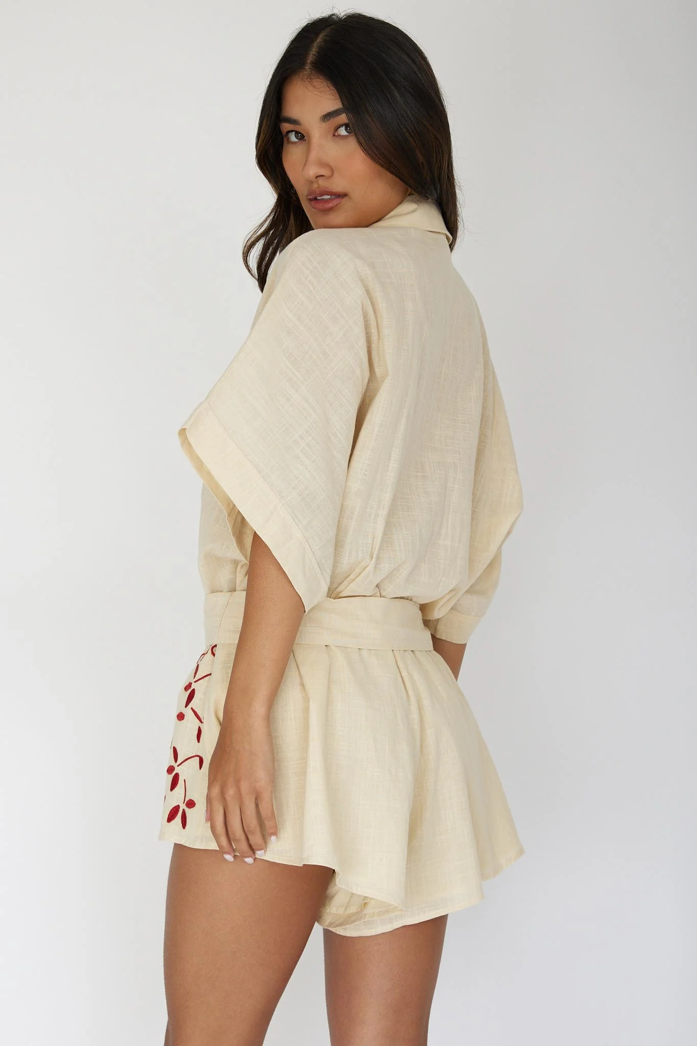 Daytona Beach Button-Up Romper Embroidered Oat - Sonourner