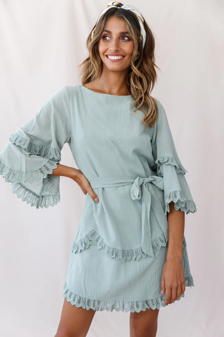 Talitha Waist Tie Lace Trim Dress Sage - Sonourner