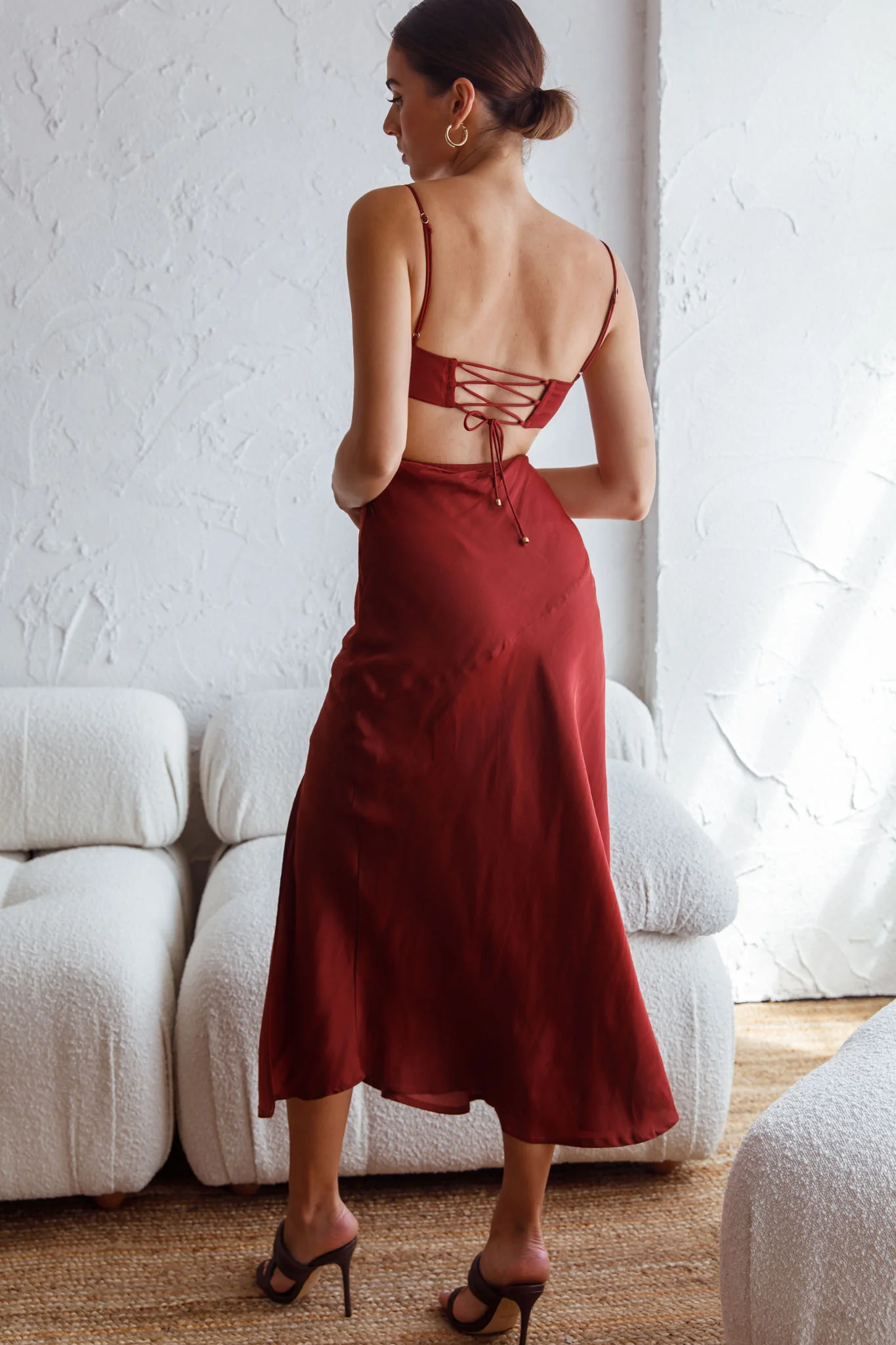 Fondest Memories Ruched Drawstring Bust Lace-Up Back Midi Dress Brown - Sonourner