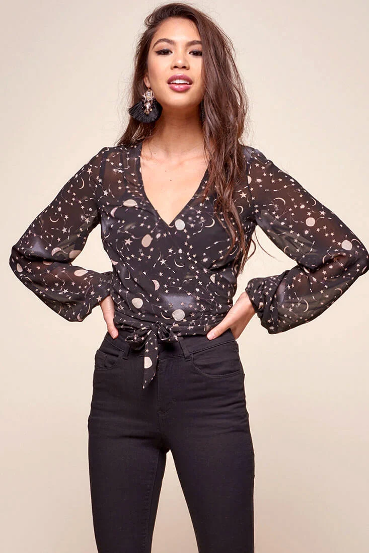 Celeste Galaxy Star Print Wrap Top Black - Sonourner