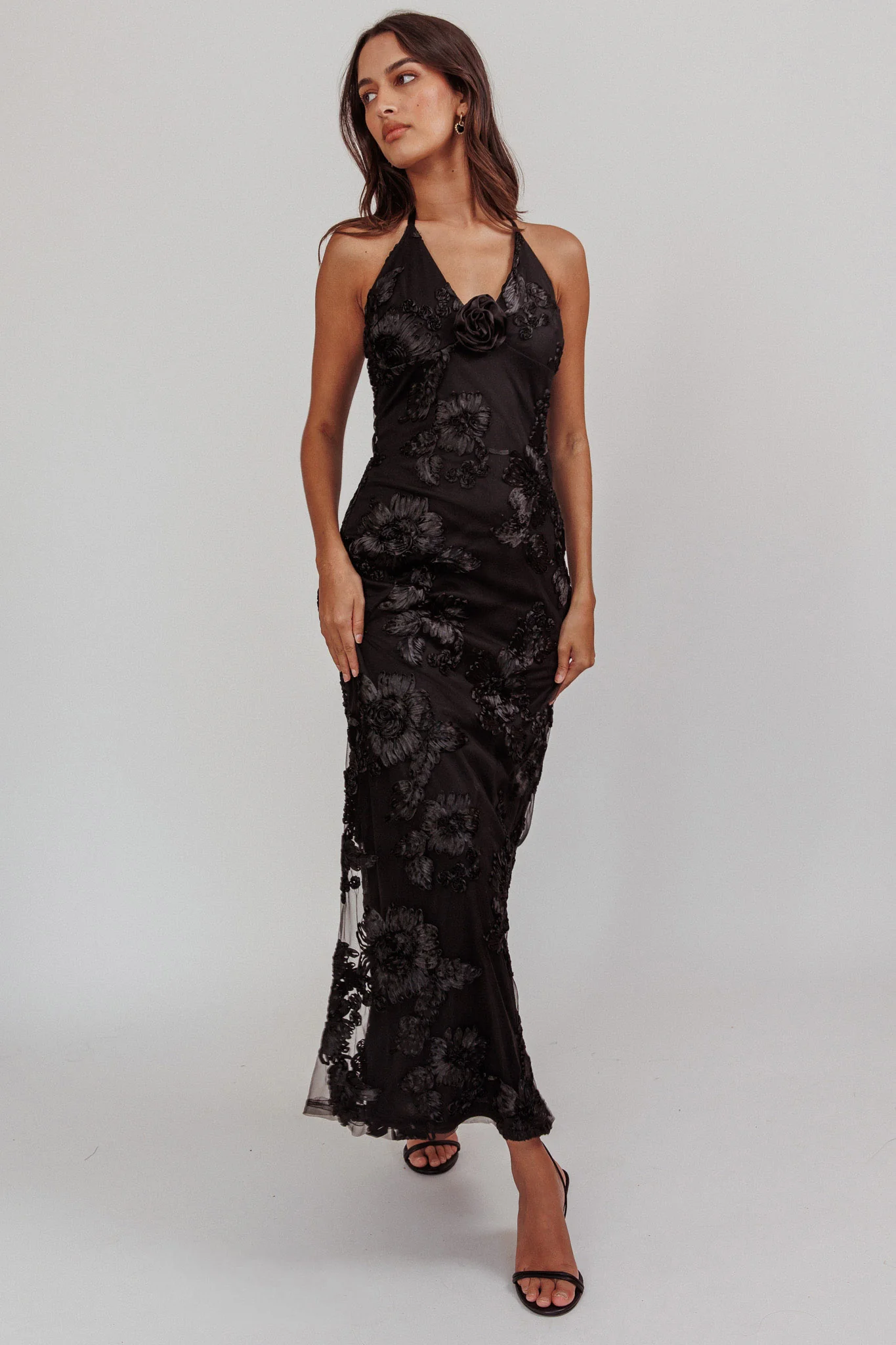 Your Affections Rosette Ribbon Embellished Maxi Dress Black - Sonourner