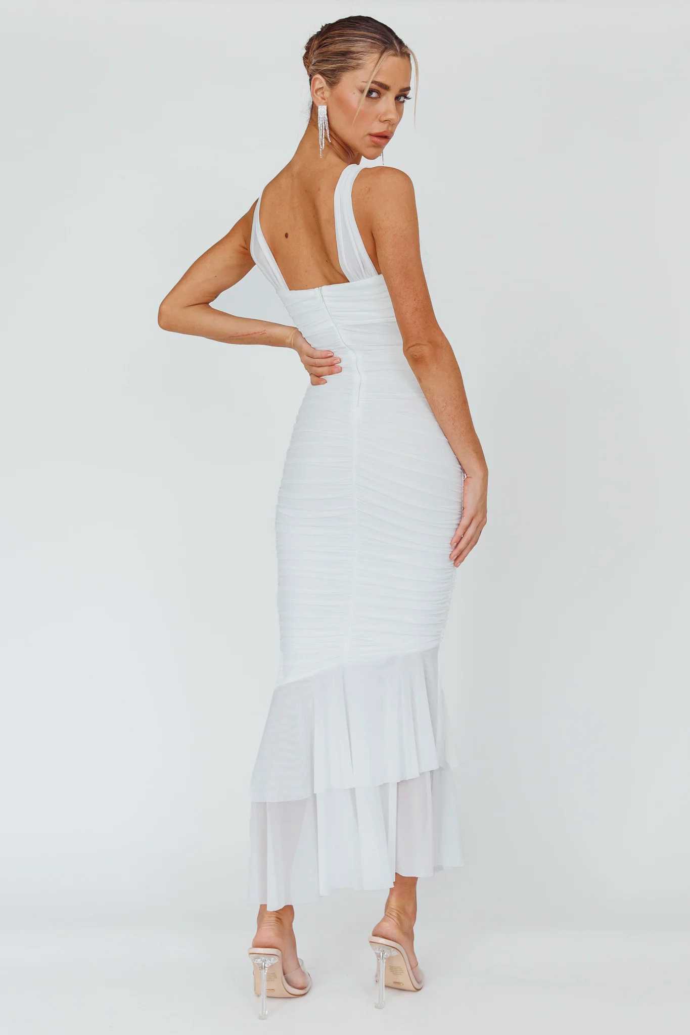 Nadia Ruched Fishtail Maxi Dress White - Sonourner