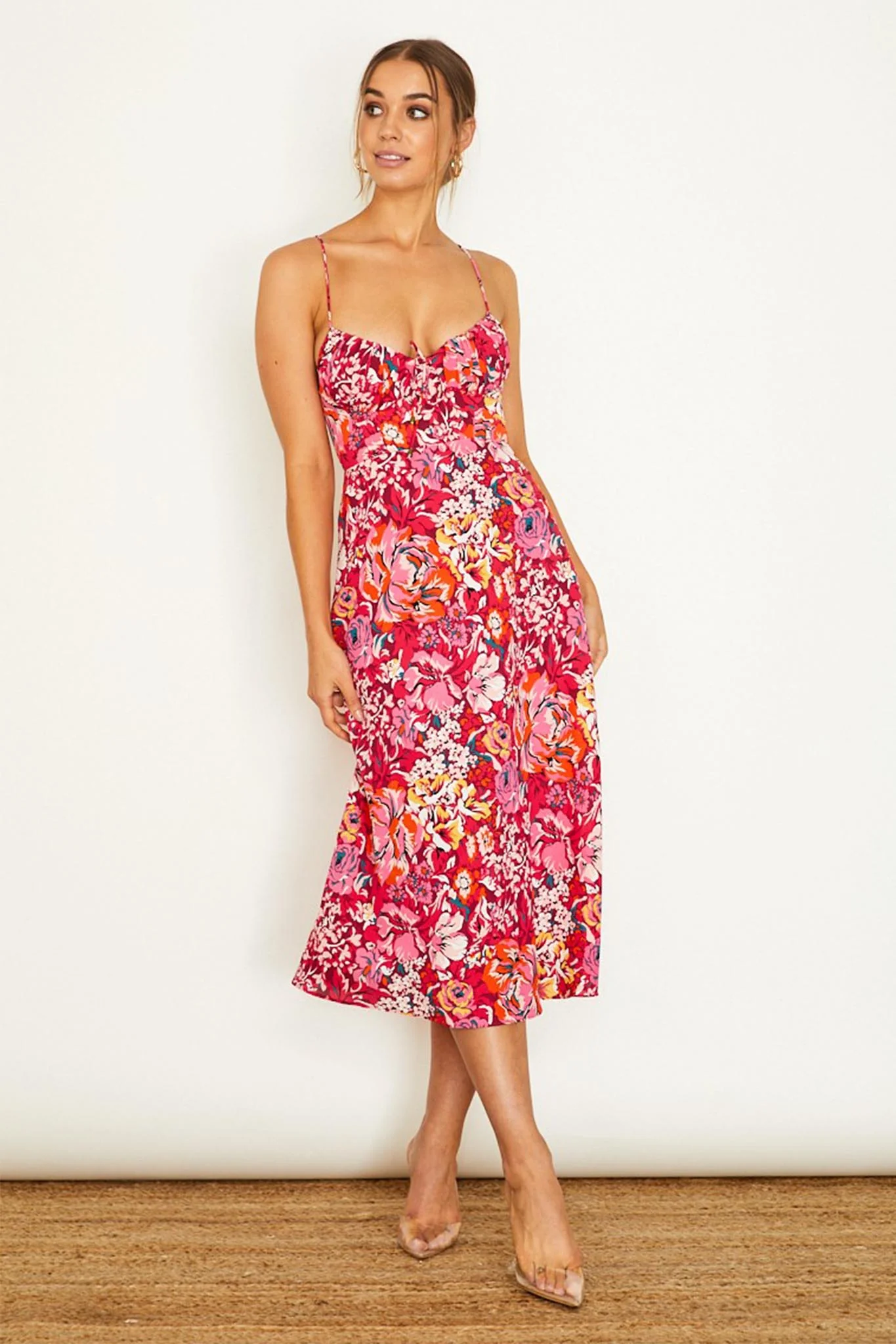 Malibu Gathered Bust Cami Strap Midi Dress Floral Red - Sonourner