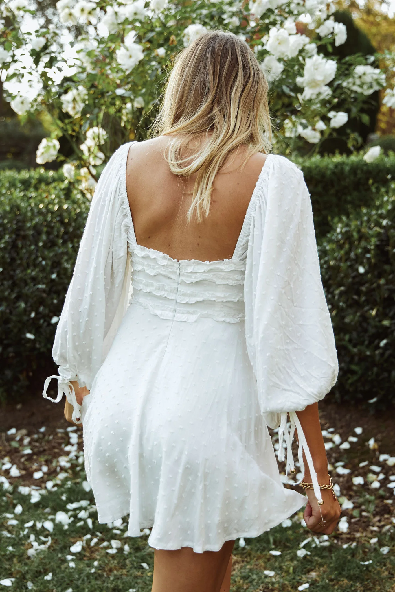 Illia Three-Quarter Balloon Sleeve Frill Bodice Dress White - Sonourner