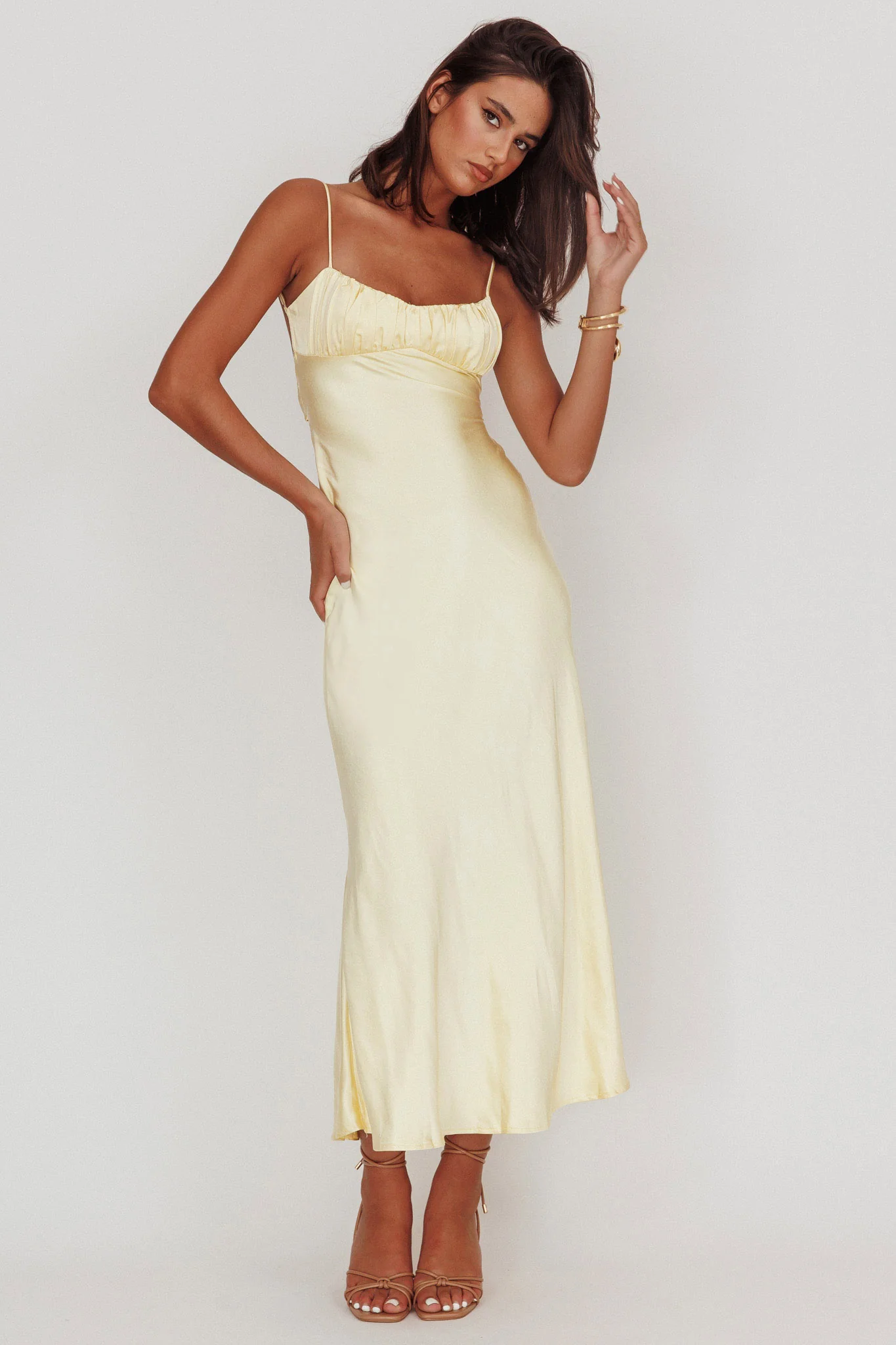 Nerida Twist Back Satin Maxi Dress Lemon - Sonourner
