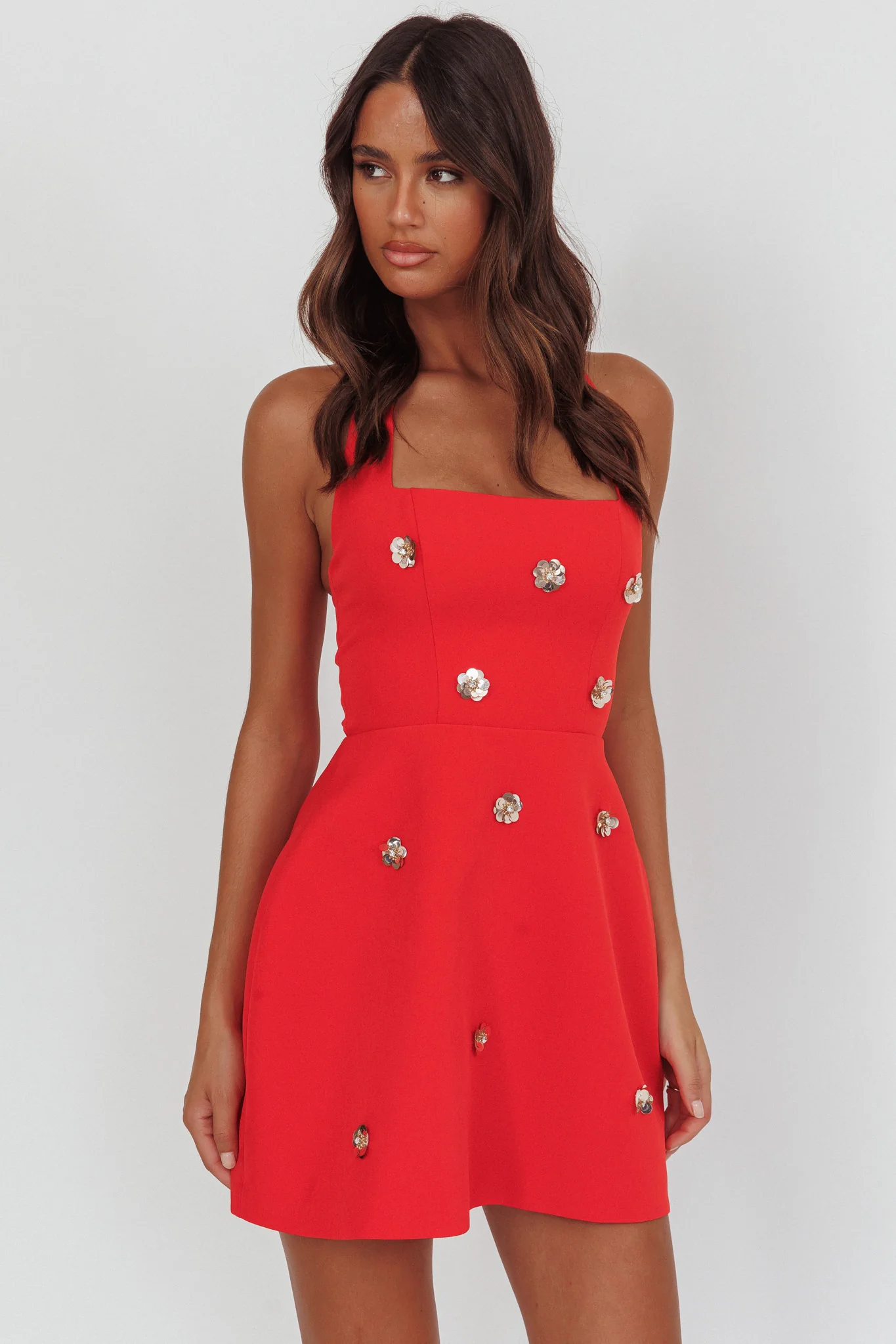 Hendrix Halterneck A-Line Mini Dress Sequin Flower Red - Sonourner