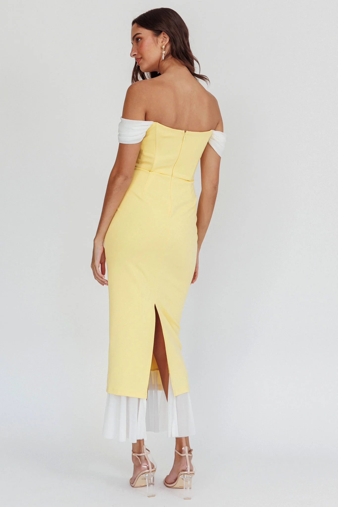 Freesia Off Shoulder Bodycon Midi Dress Lemon - Sonourner