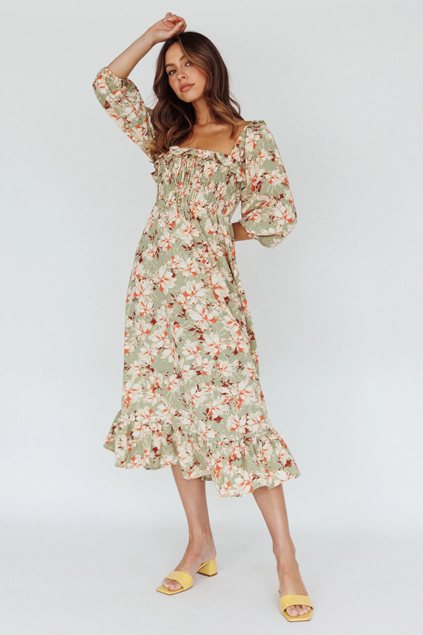 Flynn Balloon Sleeve Shirred Midi Dress Floral Green - Sonourner