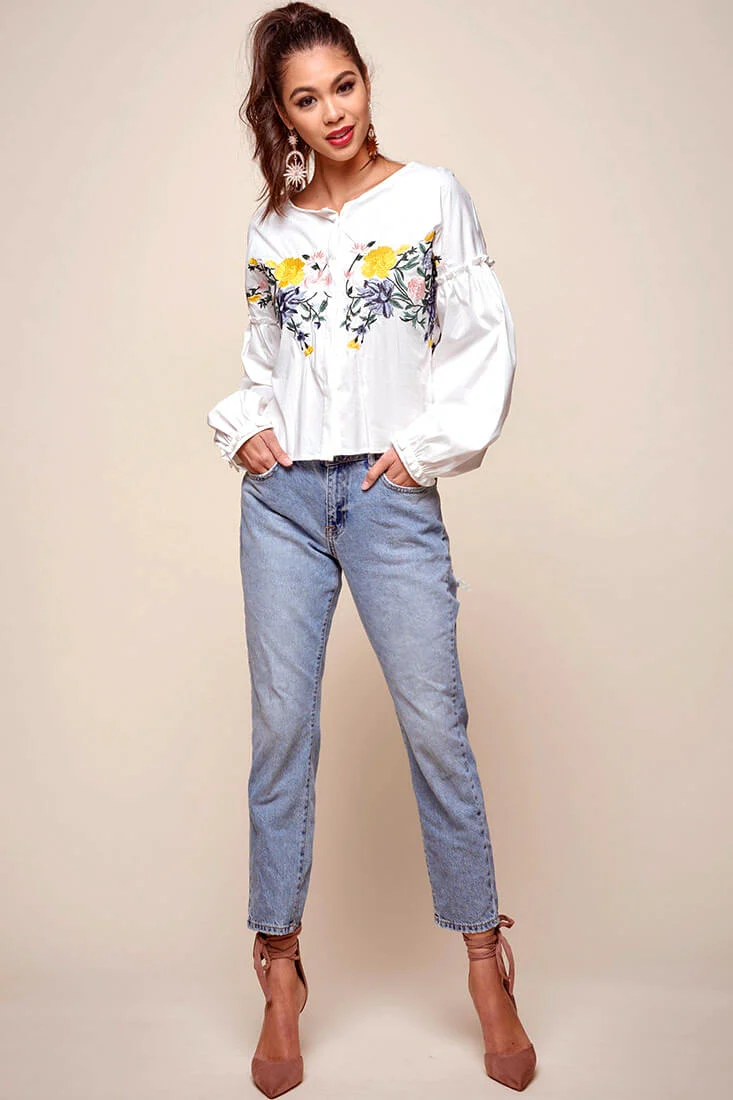 Olivia Floral Embroidered Cinched Wrist Shirt White - Sonourner