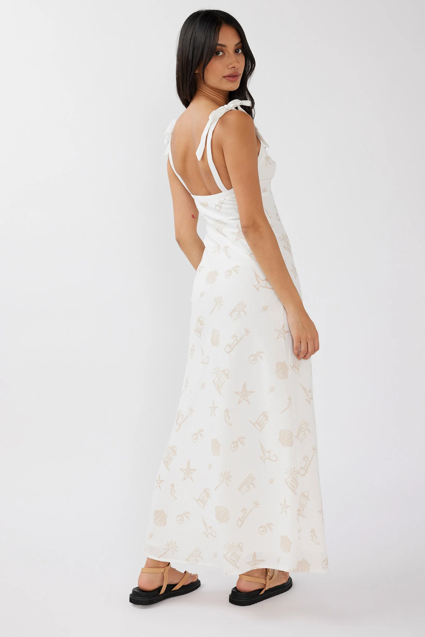 Jaya Tied Shoulder Maxi Dress Print Beige - Sonourner