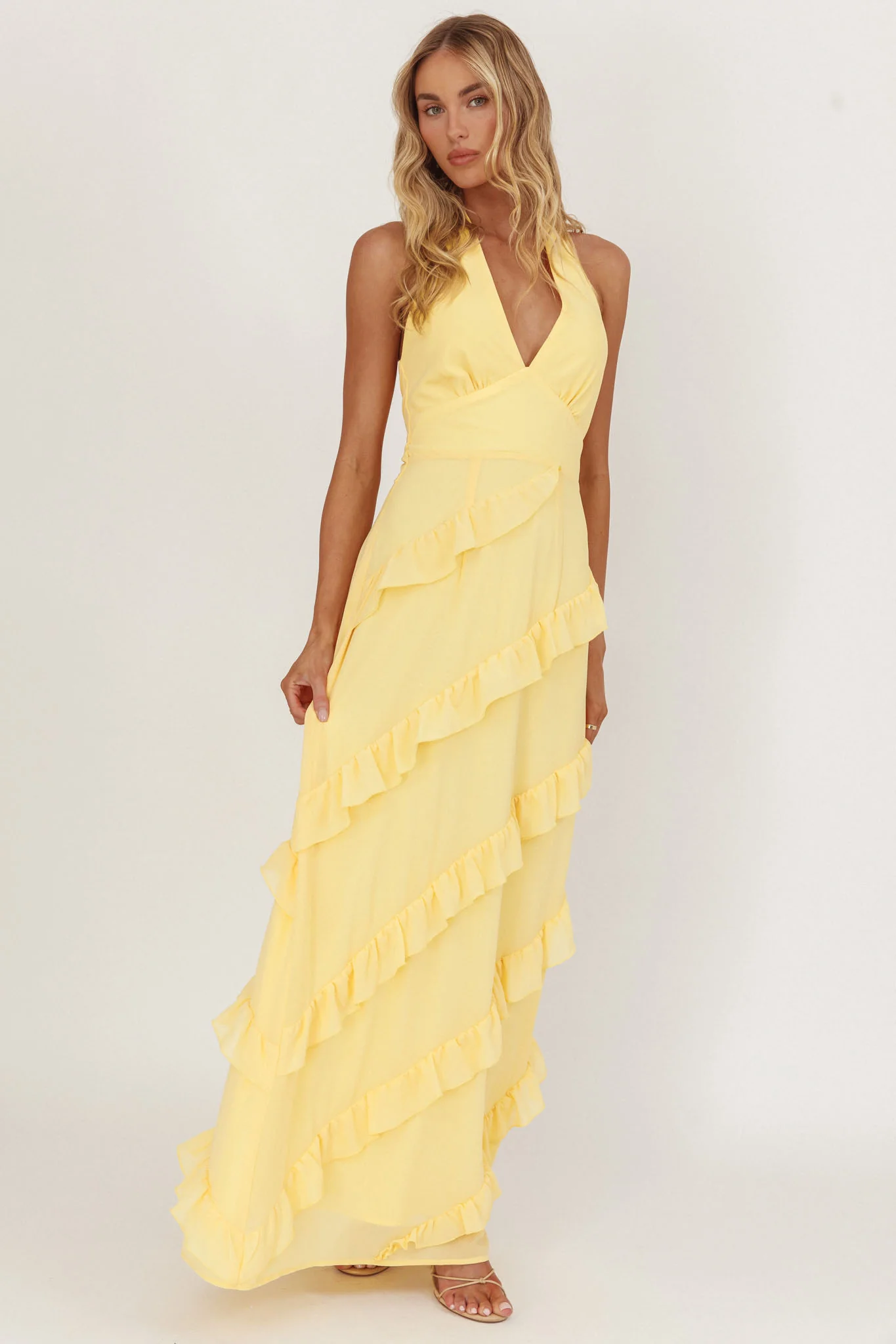 Flirt Frill Trim Halter Maxi Dress Lemon - Sonourner