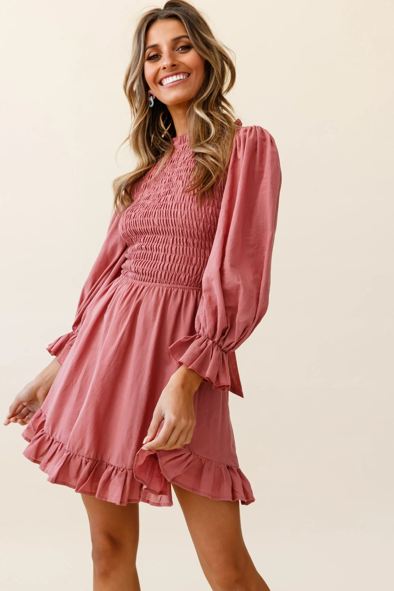 Marianna Long Sleeve Shirred Bust Dress Rose - Sonourner