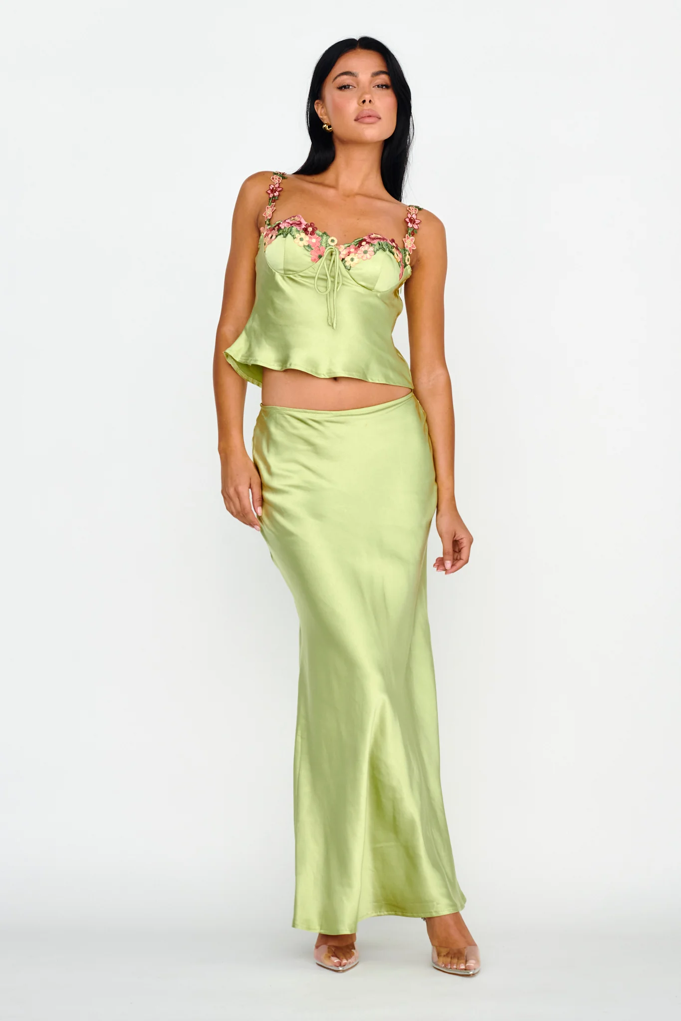 Rose Garden Satin Maxi Skirt Lime - Sonourner