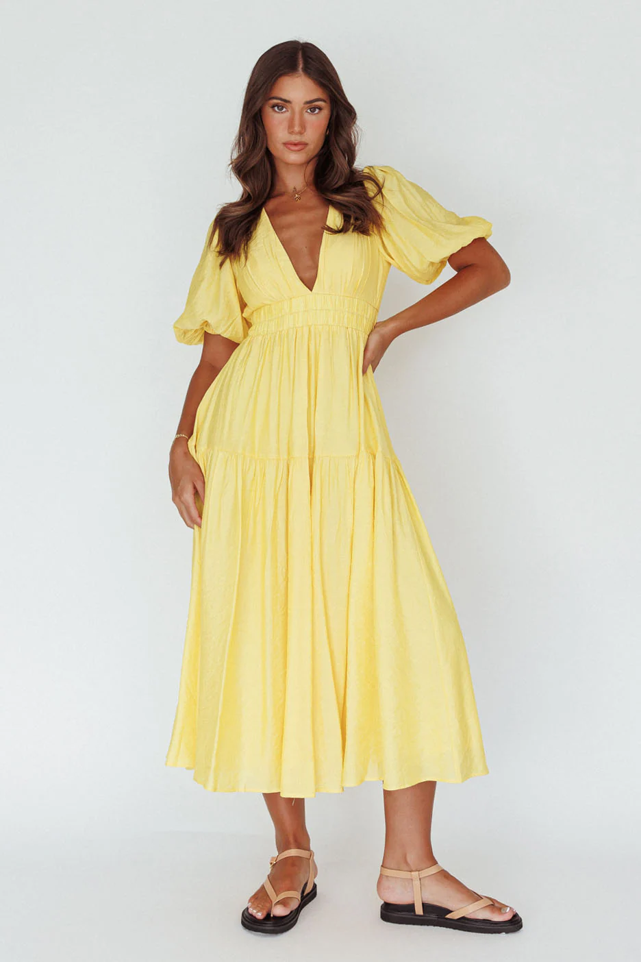 Summer Land V-Neckline Midi Dress Butter - Sonourner
