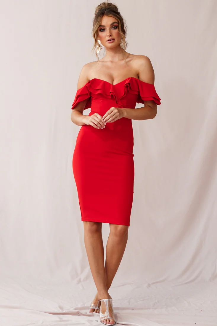 Rossi Ruffled Off The Shoulder Bodycon Dress Red - Sonourner