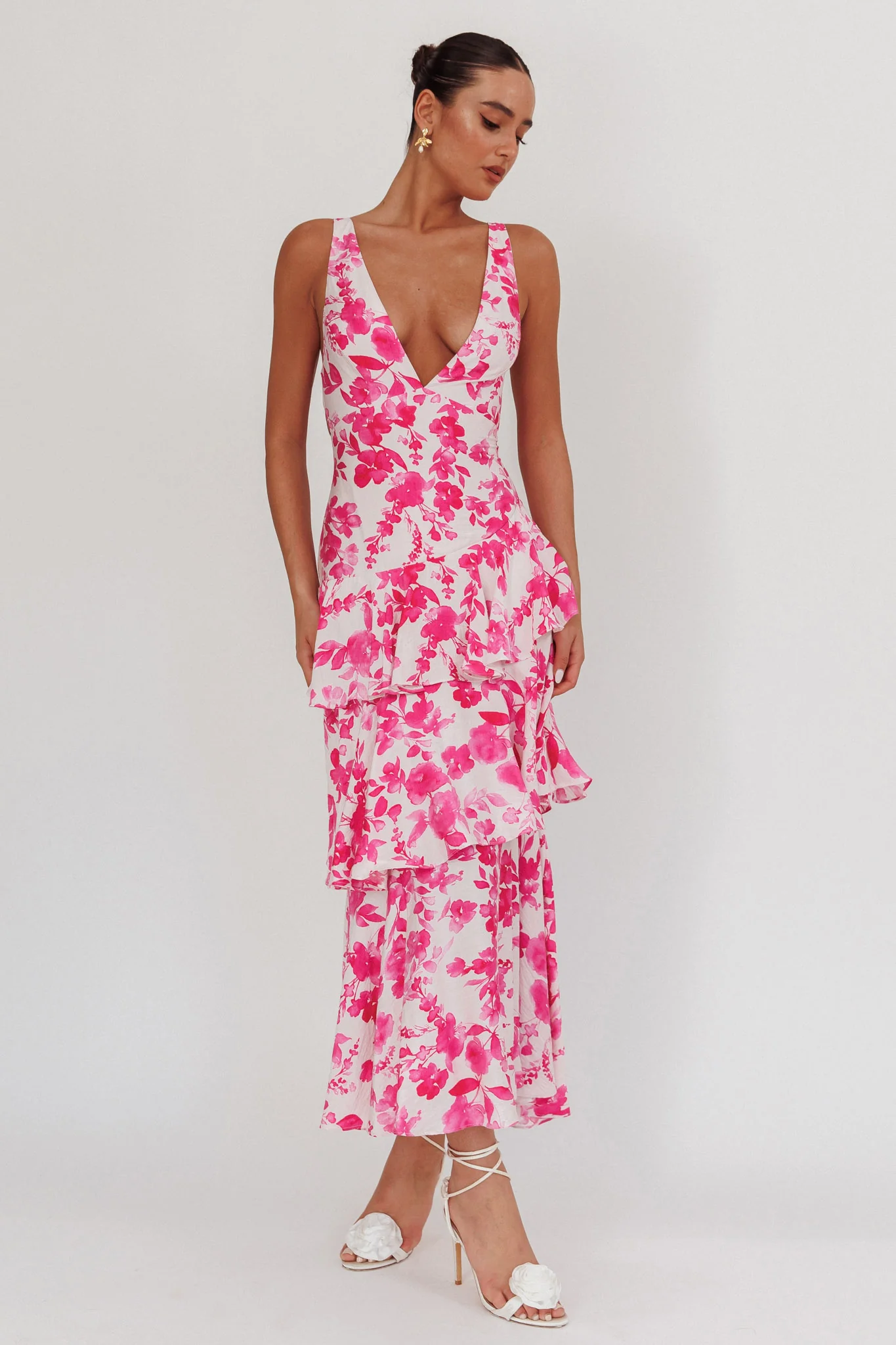 Veda Strappy Back Ruffle Maxi Dress Floral Fuchsia - Sonourner