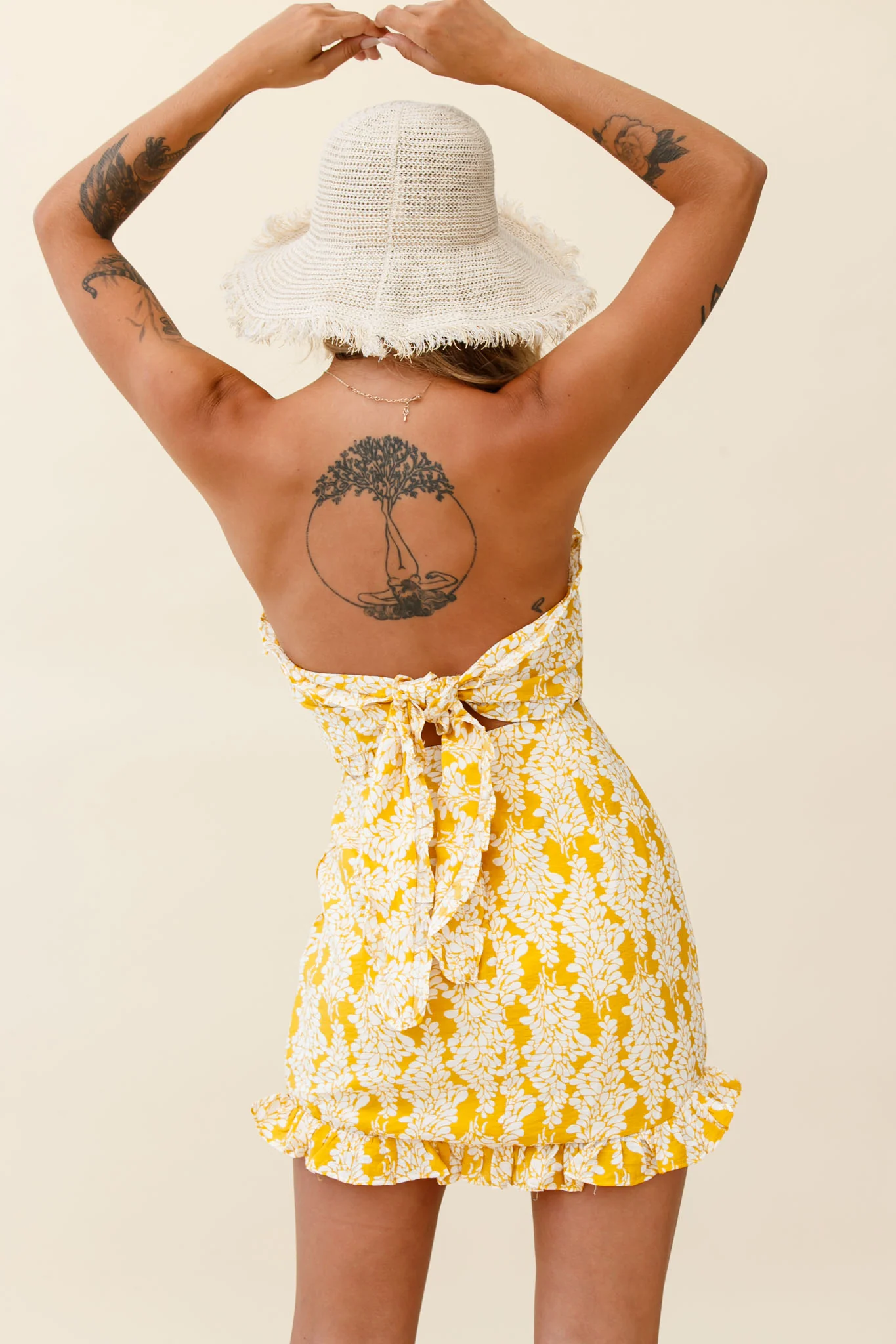 Dollface Bandeau Ruffle Detail Mini Dress Leaf Print Yellow - Sonourner