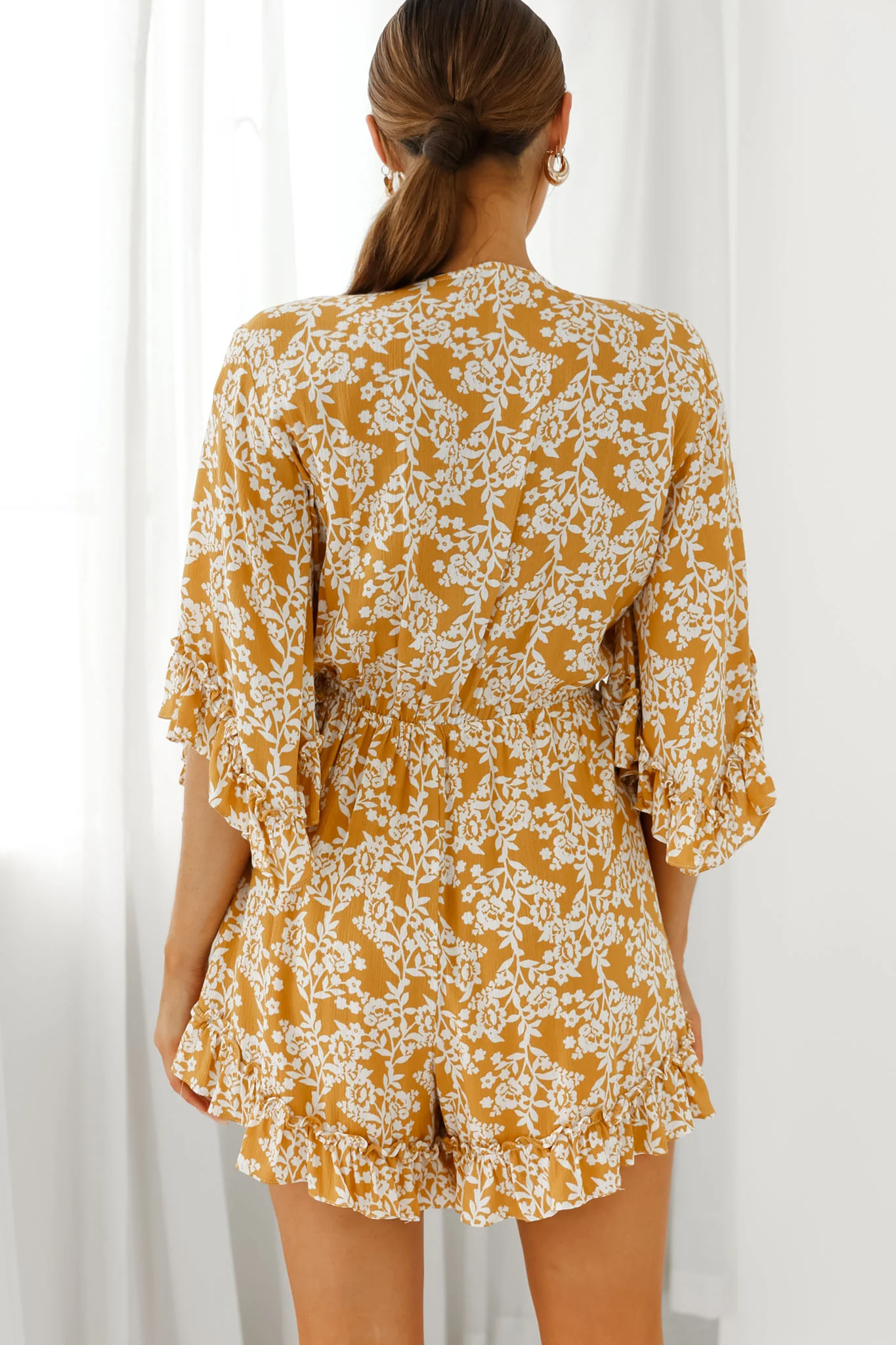 Athira Tied Bust Flared Sleeve Floral Stencil Print Romper Yellow - Sonourner