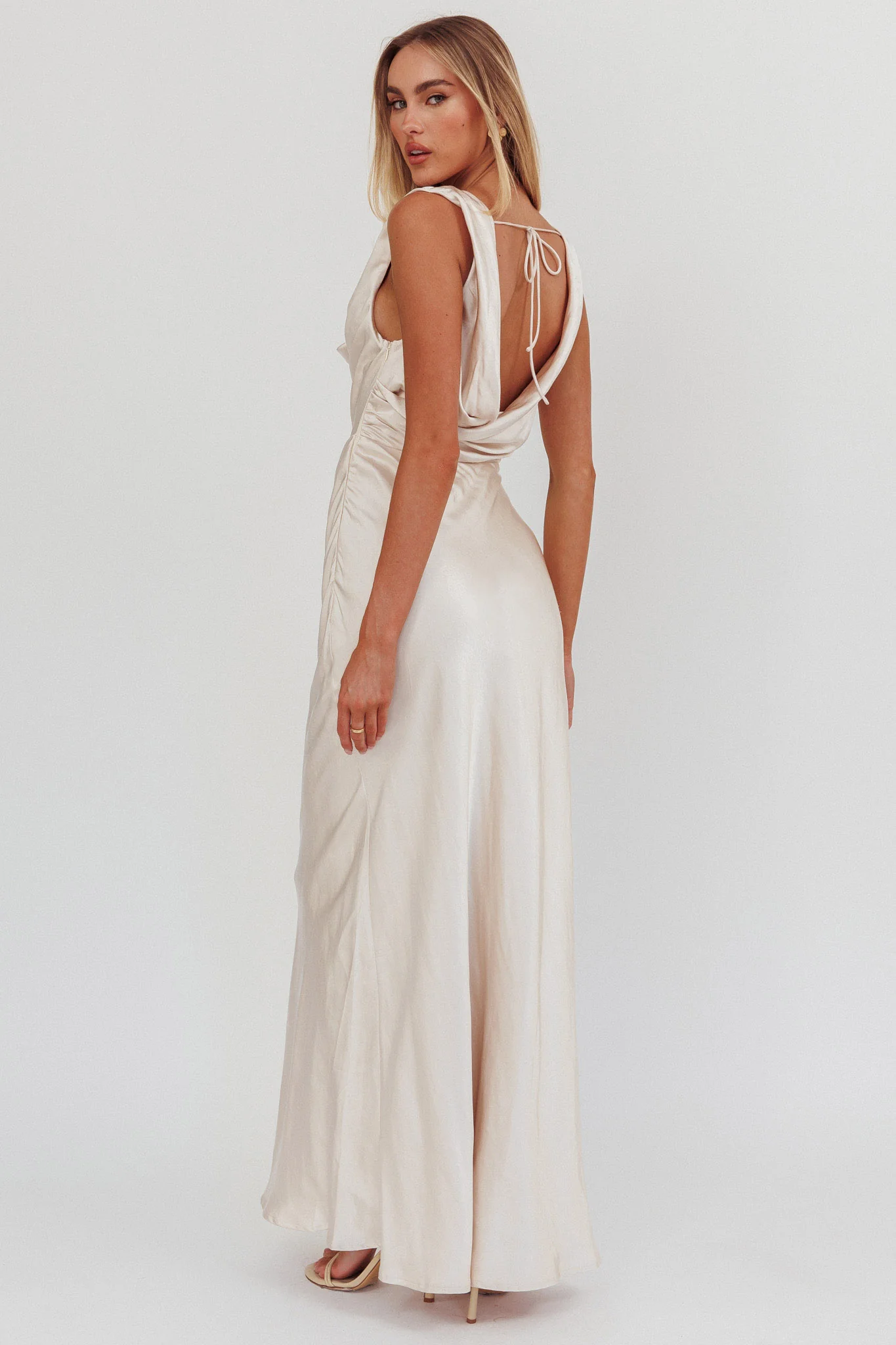 Chills Cowl Neck Satin Maxi Dress Champagne - Sonourner