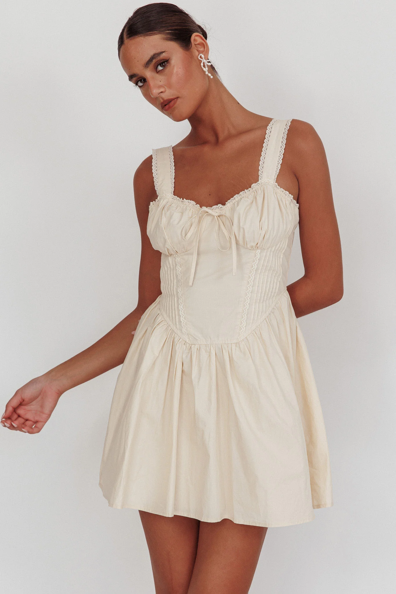 Florabella Corset Bodice Bow Mini Dress Cream - Sonourner
