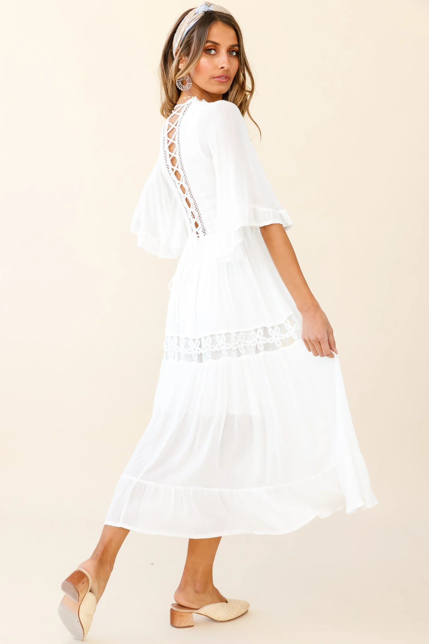 Feeling Groovy Bell Sleeve Crochet Trim Maxi Dress White - Sonourner