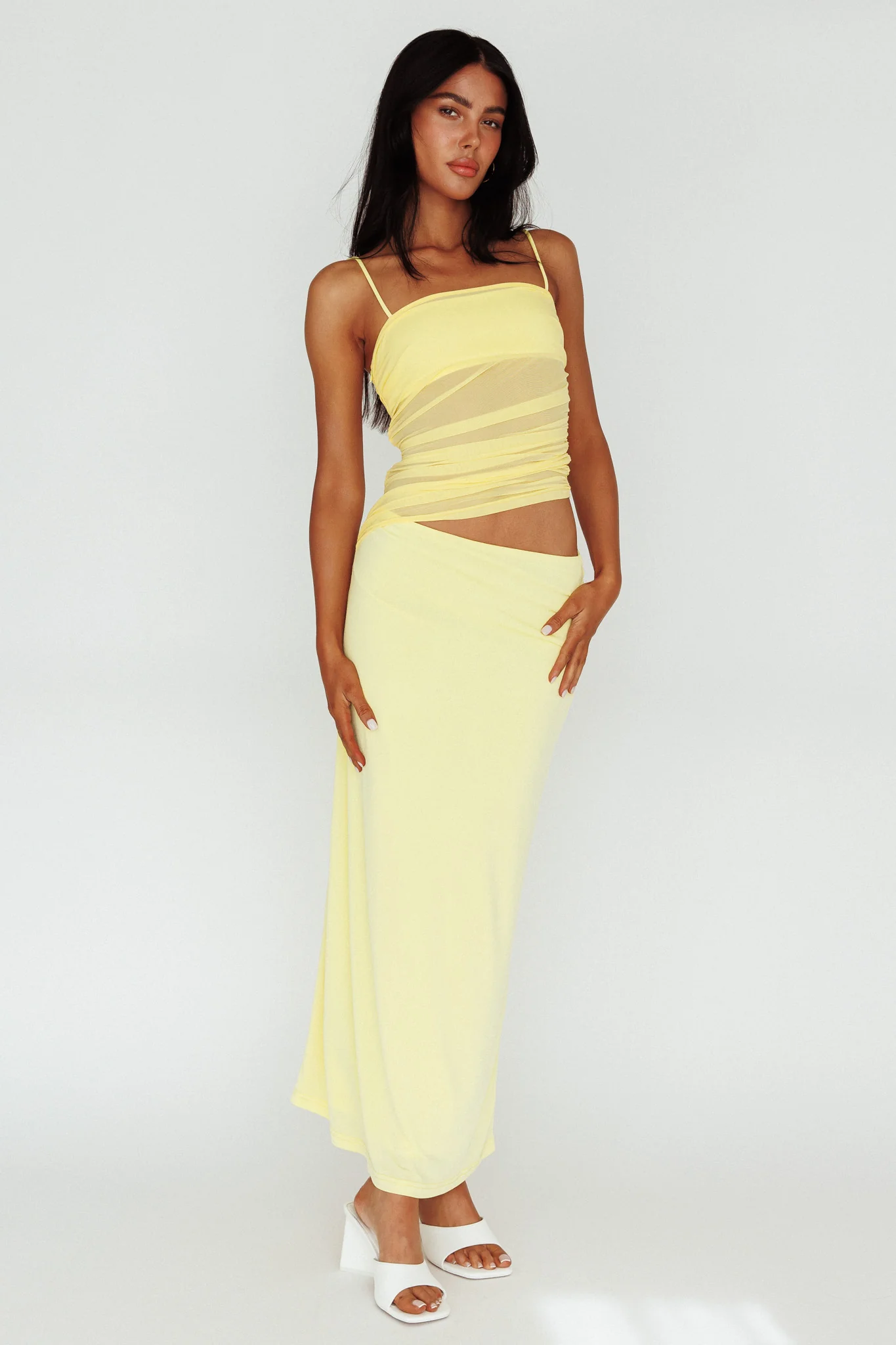Lorely Ruched Bodice Midi Dress Yellow - Sonourner