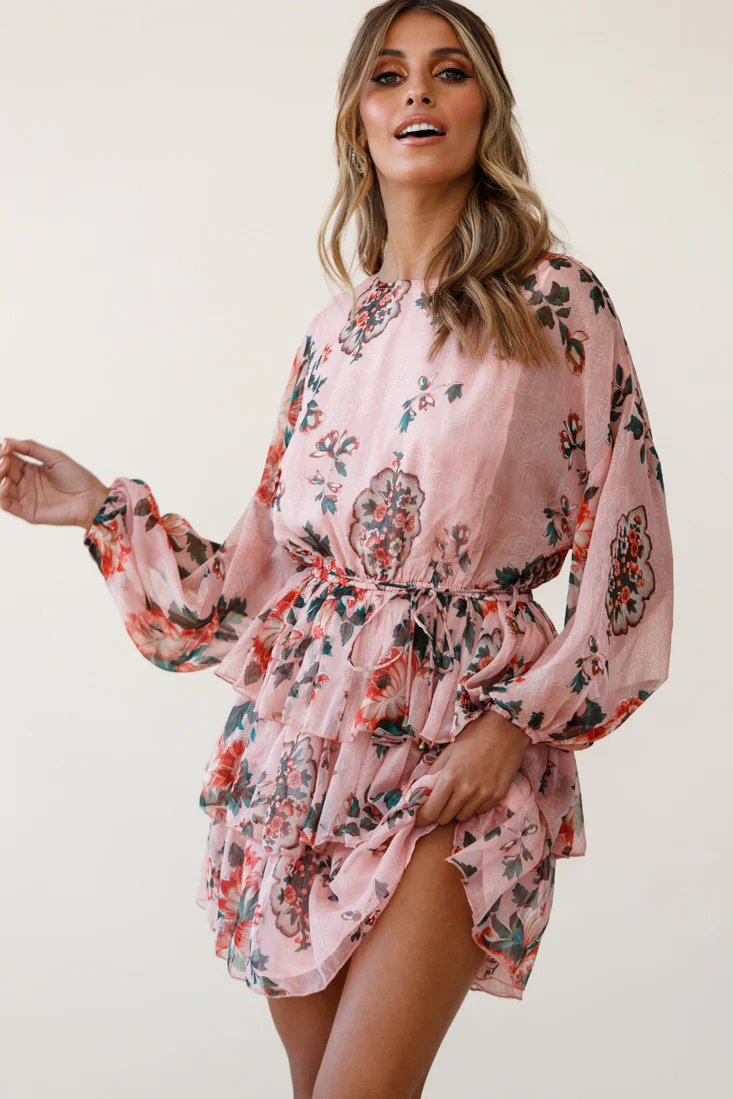 Odessa Long Sleeve Layered Ruffle Dress Floral Print Pink - Sonourner