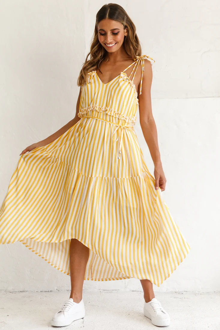 Santa Monica String Tie Maxi Dress Stripe Print Mustard - Sonourner