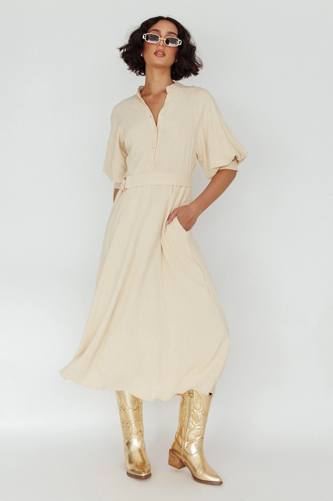 Mallory Belted Waist Lantern Sleeve Midi Dress Beige - Sonourner
