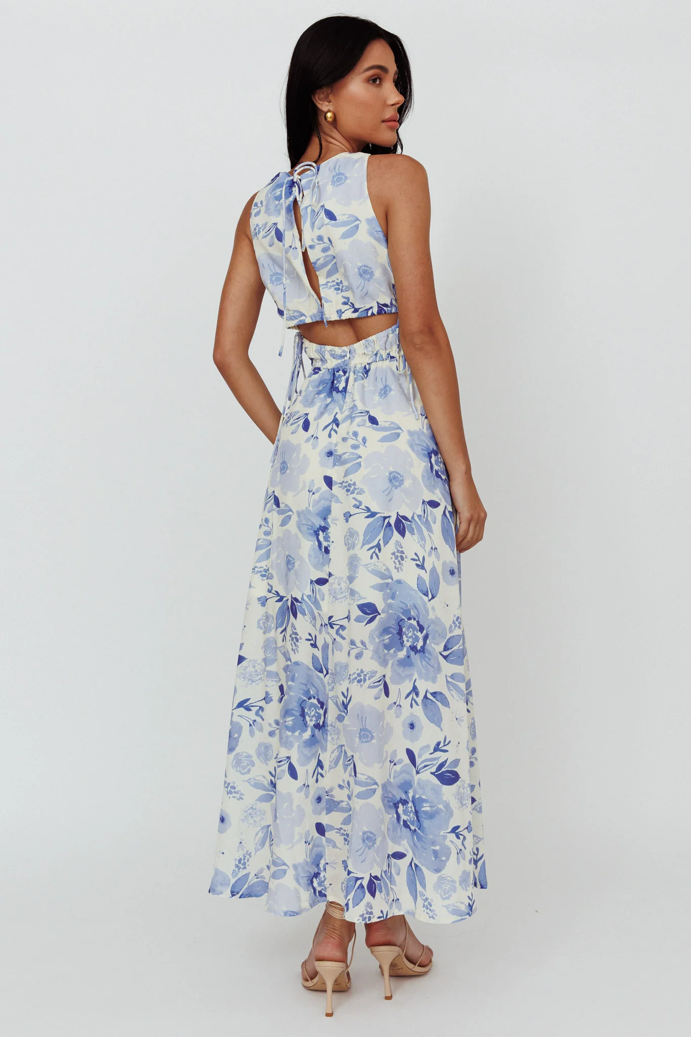 Perla V-Neck Drawstring Maxi Dress Floral Blue - Sonourner
