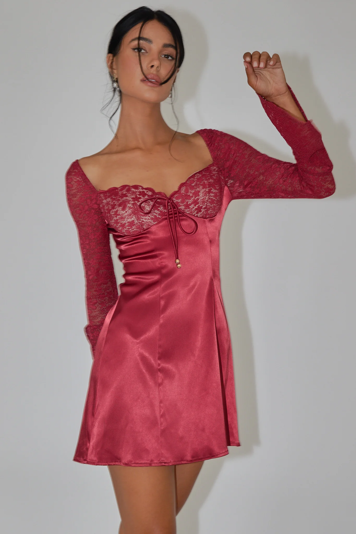 Ti Amo Lace Bust Long Sleeve Mini Dress Wine - Sonourner