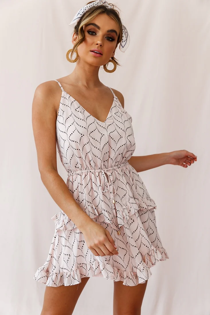 Provence Frill Trim Drawstring Waist Dress Polka Dot Print Blush - Sonourner