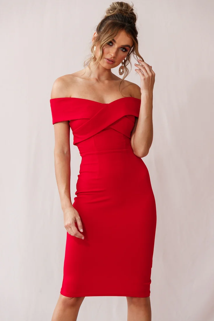 Corrine Elegant Off The Shoulder Bodycon Dress Red - Sonourner