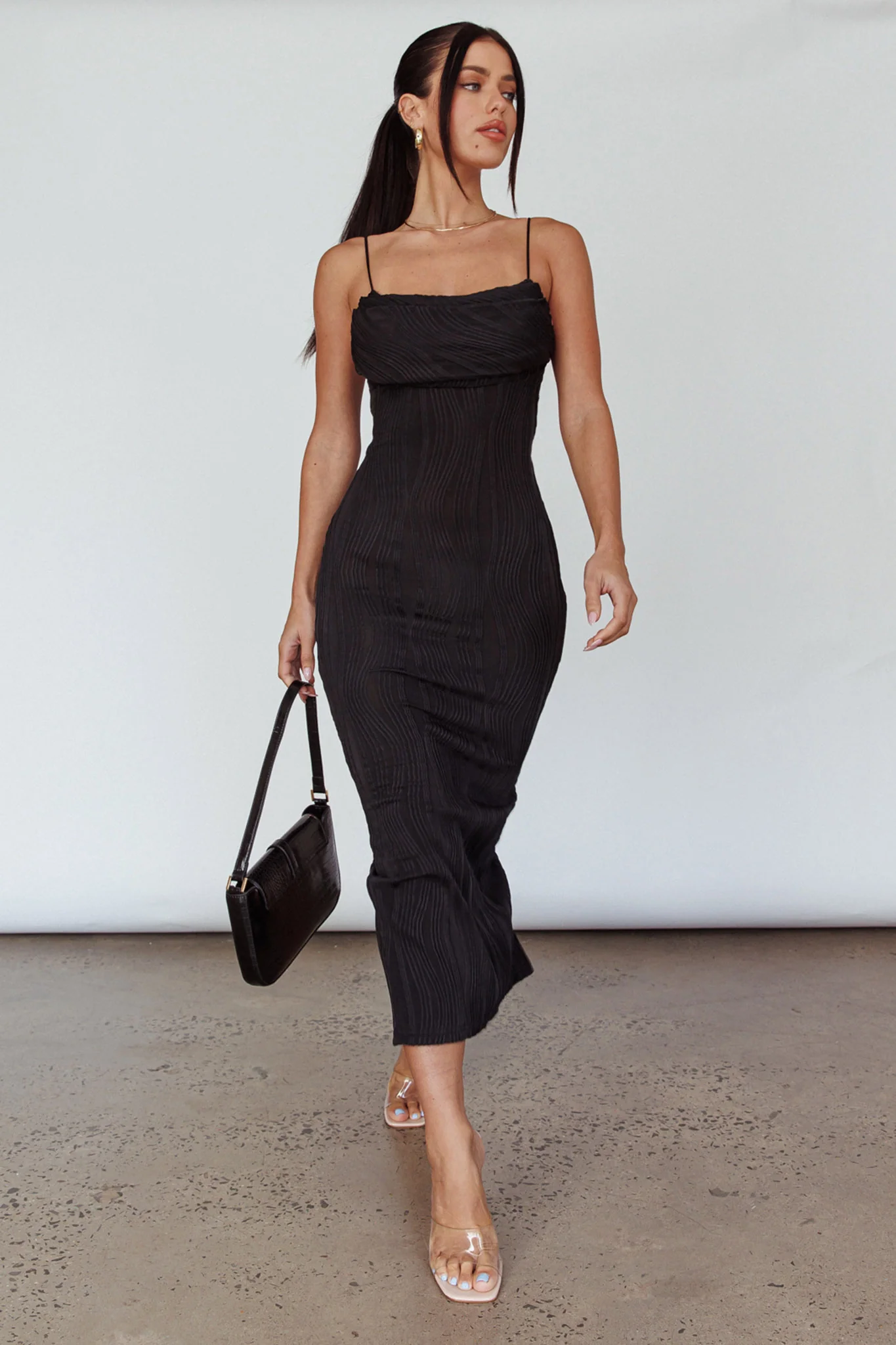 Well Versed Pleated Bust Textured Maxi Dress Black - Sonourner