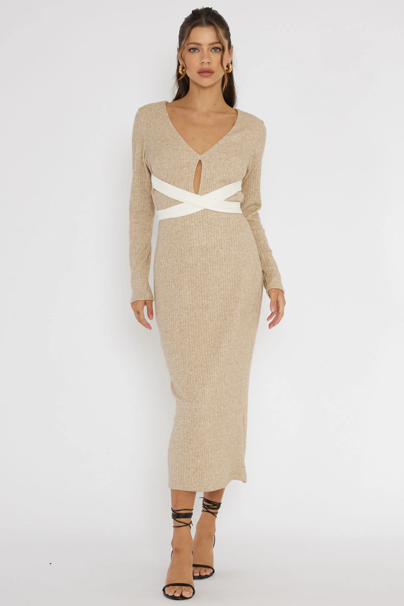 So Emotional Long Sleeve Cut-Out Knit Dress Oat - Sonourner