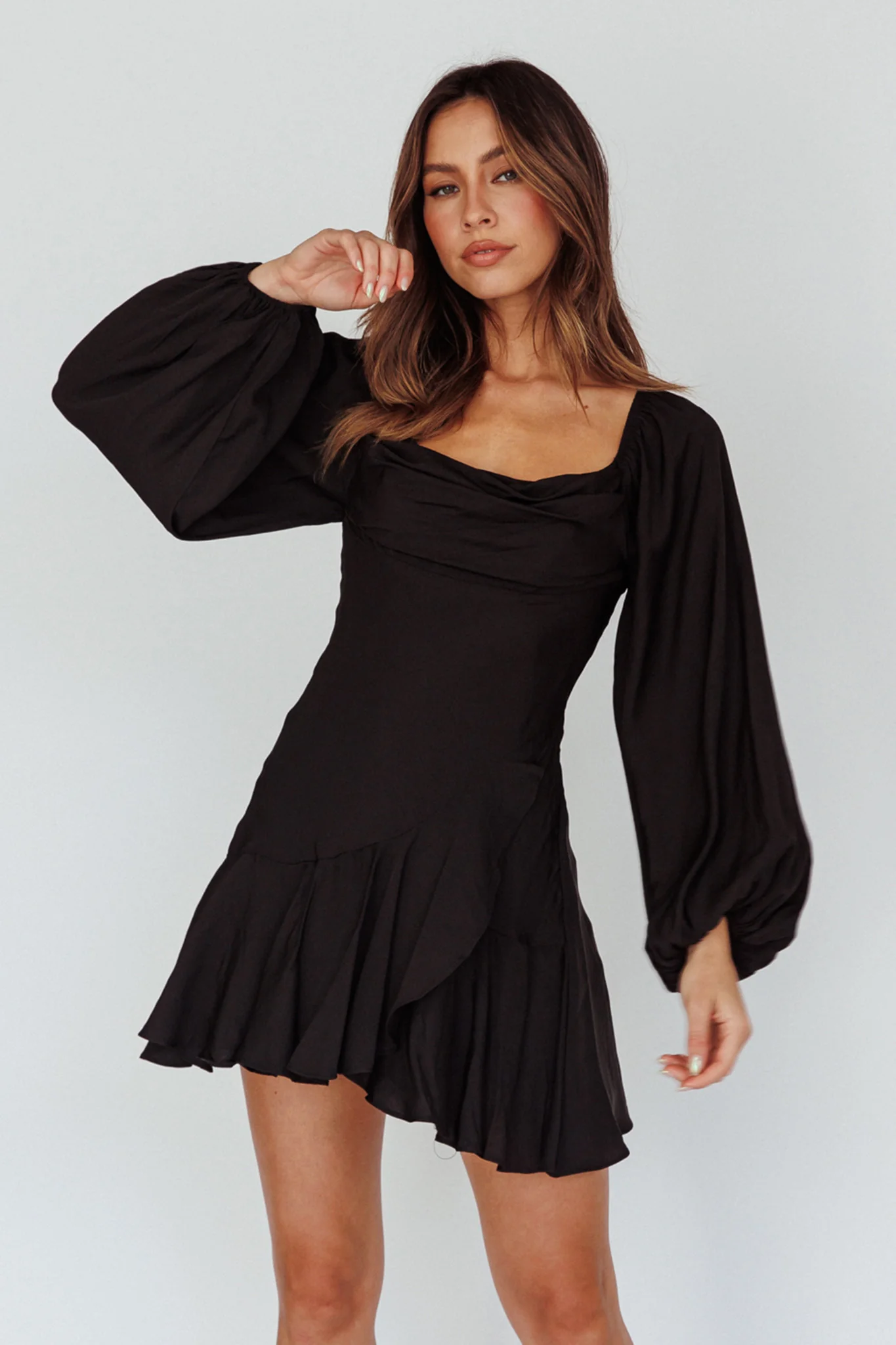 Beaujolais Long Sleeve Cowl Neckline Ruffle Satin Mini Dress Black - Sonourner