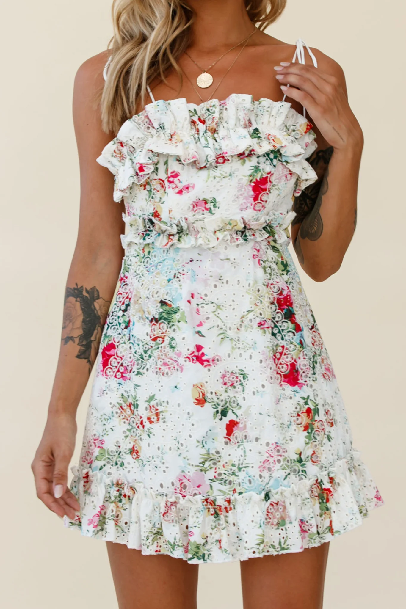 Frill Seeker Eyelet Embroidery Tied Back Dress Floral Print Multi - Sonourner