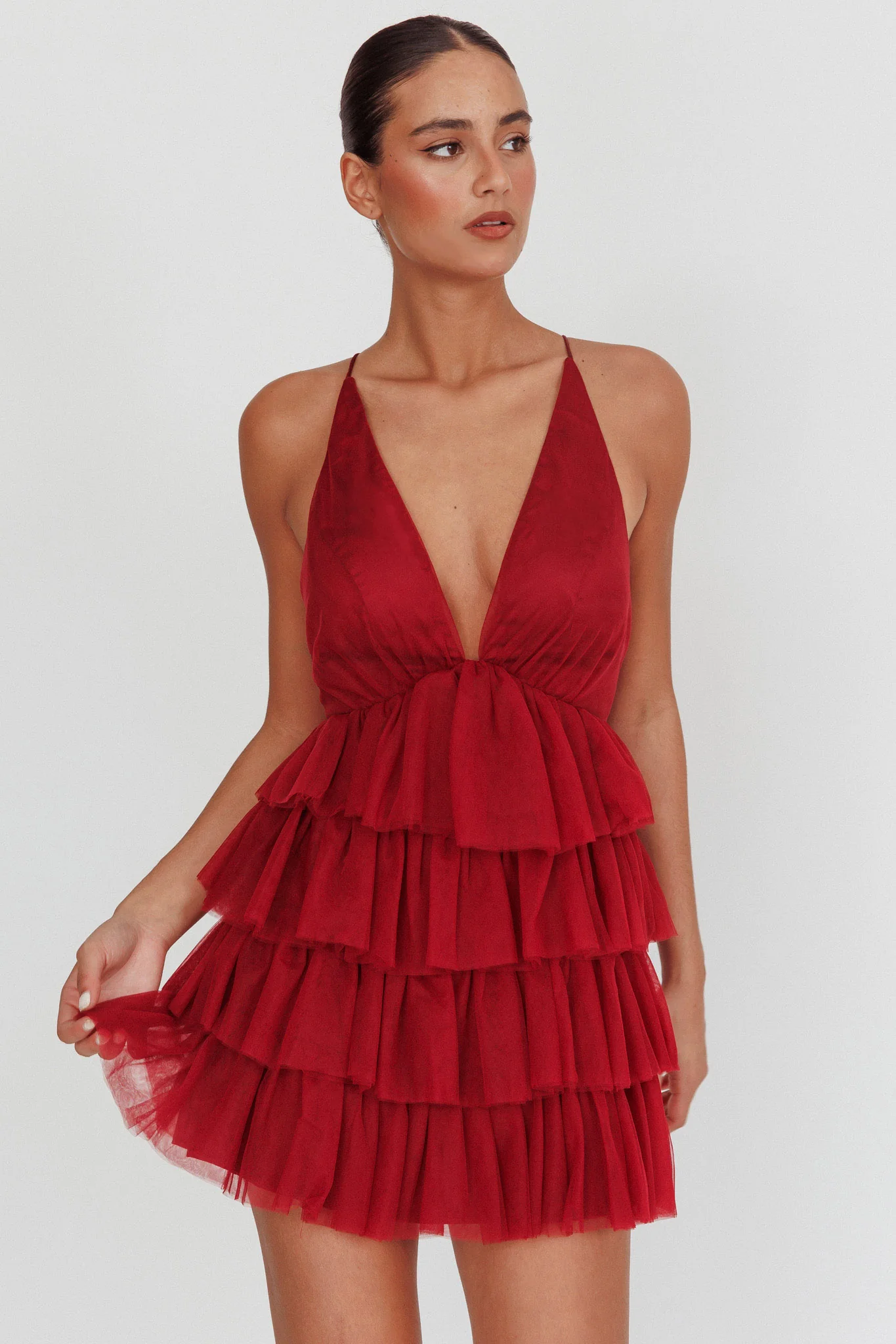 Auguste Tiered Frill Mini Dress Burgundy - Sonourner